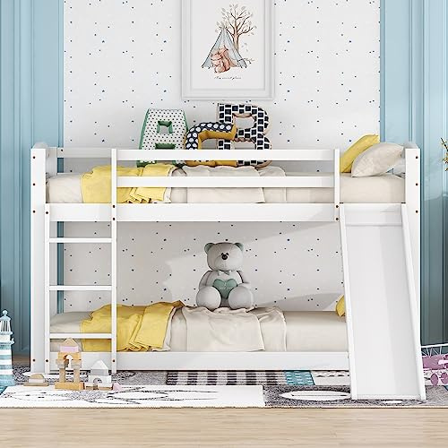 Dolamaní Lit Superposé pour Enfants 90 x 200 cm, avec échelle et Toboggan, Cadre en Bois Massif, Blanc