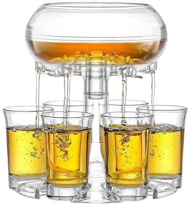 Dispenser och ställ med 6 snapsglas, dispensrar av akryl för juice eller likör, dryckesdispenser för cider whiskycocktails, snapsglassdispenser och hållare