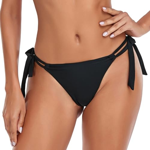 RELLECIGA Bas de Maillot de Bain Femme Tanga Bikini Bottom Ajustable avec Lacets Thong Noir S