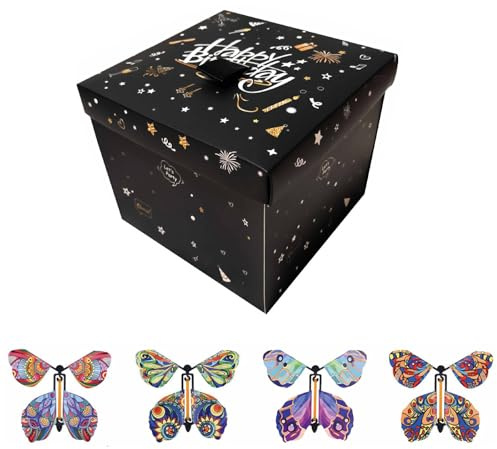 Enxingguo Butterfly explosion gift Box 15.14.8.12.5cm, con caja de mariposa voladora, San valentín, navidad, día de la madre, cumpleaños sorpresa dinero regalo paquete (negro)