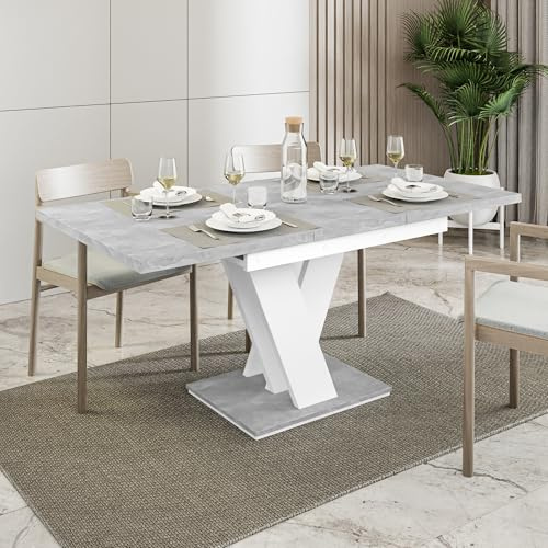 PROROOM FURNITURE MALVI Moderner Küchentisch 120-160x80 cm Ausziehbarer Säulentisch Loft Stil Betonoptik Weiß Matt