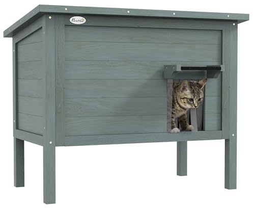 PawHut Maison pour Chats Niche d'extérieur en Bois surélevée avec Toit ouvrable, isolée avec Toit Asphalte, 85 x 50 x 68,5 cm, Gris foncé et Noir
