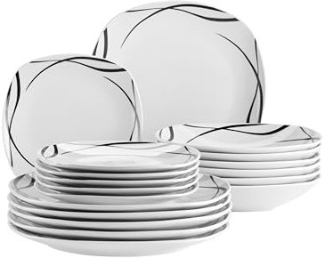 MÄSER Serie Decora, Teller Set für 6 Personen, 18-teiliges Essgeschirr in eckiger Form, elegant, zeitlos, Porzellan