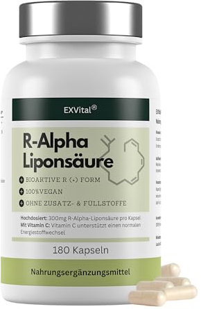 EXVital® R-Alpha-Liponsäure, hochdosiert mit 300mg pro Kapsel, in natürlicher R-Form, 180 Kapseln, vegan & ohne Zusätze, laborgeprüft