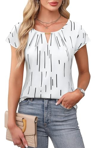 Blooming Jelly Womens Dressy Casual Shirts Pleated Short Sleeve Work Blouses Summer Trendy Tops 2025 (S, White Stripe)