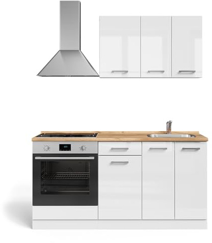 Vicco Cocina para Solteros R-Line, Blanco Alto Brillo/Blanco, 160 cm con Mueble para Horno Empotrado sin encimera, Preparado para la integración de electrodomésticos y Fregadero