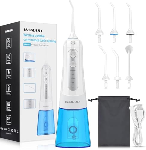 Cordless Water Dental Flosser Teeth Cleaner, INSMART Professional 300ML Tank DIY Mode USB Rechargeable Dental Oral Irrigator for Home and Travel, IPX7 Waterproof 6 Modes Irrigate for Oral Care (White)