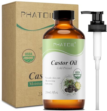 PHATOIL Aceite de Ricino Bio Prensado Frío 236ML, 100% Virgen, Sin Hexano | Castor Oil Organic Puro Natural, Aceite para el Cabello, Pestañas, Cejas, Uñas, Barba, Hair Oil