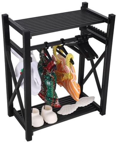 Poupée Placard Armoire, Plastique Vêtements Rangement Organisateur et Présentoir Support avec 10 Mini Cintres Amovible Maison Poupée Meubles pour Mode Vêtements Accessoires et Cadeaux (Noir)