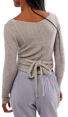 OFSOAK Sexy V-Neck Women's Crop Sweater 100% Wool Drawstring Slim Fit Trendy for Women Tie Front Long Sleeve Crop Top Grey