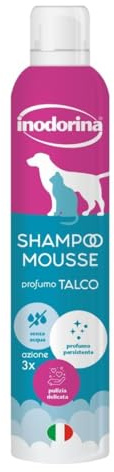 INODORINA Shampooing sec pour chiens, chats et chiots (300 ml, parfum talc) - Mousse à action émolliente et nettoyante - Respecte le pH naturel, idéal pour les lavages fréquents