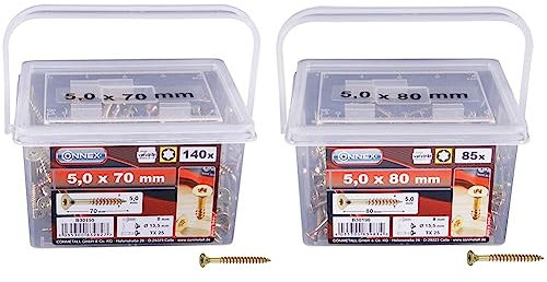 Connex Universalschrauben 5,0 x 70 mm - 160 Stück im Set - Senkkopf B30195 & Connex Universalschrauben 5,0 x 80 mm - 140 Stück im Set - Senkkopf - TX-Antrieb - Teilgewinde - B30196