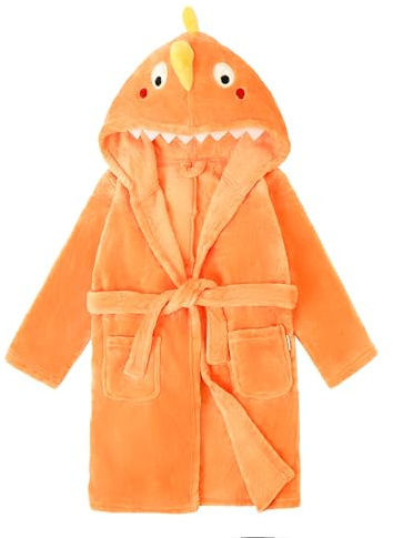 LOLANTA Kids Fleece Dressing Gown with Pocket, Loungewear Animal Housecoat, Cozy Warm Plush Robe, Orange Dinosaur, 2-3 Years, S