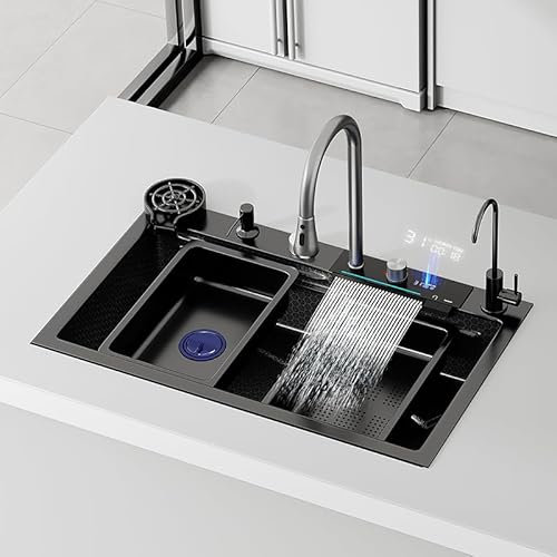 Évier de Cuisine Cascade Multifonctionne Evier Cuisine 1 Bac 80 x 45 cm, Robinetterie Extractible Rinceuse en Verre Evier à Poser avec Trous pour Robinets et Distributeurs de Savon, Noir