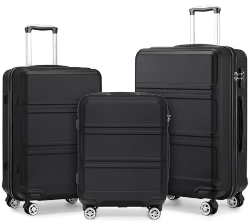 KONO Kofferset 3 Teilig Hartschalenkoffer von ABS Trolley Handgepäck Koffer Gepäck-Sets M-L-XL Reisekoffer mit Rollen und TSA Schloss, Schwarz
