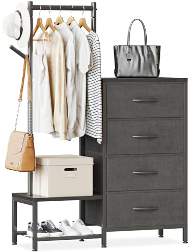 ODK Comoda Dormitorio 3 en 1, con Burro Ropa y 2 Ganchos para Abrigos, Zapatero de Doble Capa en la Parte Inferior, 4 Cajonera de Tela, Ideal para Dormitorio y Pasillo, Negro