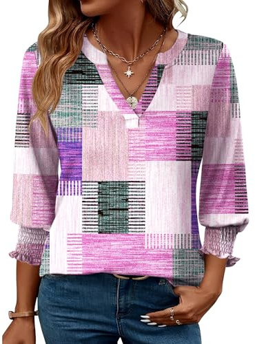 LOMON Women's 2026 Fashion Tops 3/4 Length Sleeve Business Casual Blouses Summer Tees Shirts Purple Plaid