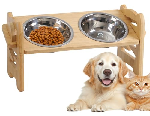 Comedero elevado para perros, ajustable y elevado, para perros y gatos, soporte elevado de madera para perros con 2 comederos de acero inoxidable, comederos elevados para perros, comedero para