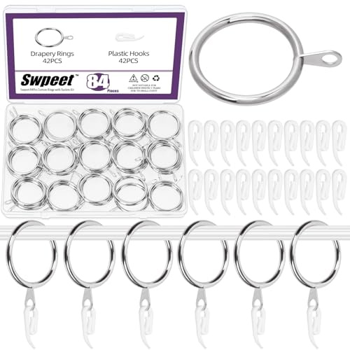 Swpeet 84Pcs 30mm Argent Bague de Rideau de Draperie en Métal avec Kit d'assortiment de Crochet de Rideau en Plastique, Bague d'oeillet Coulissant de Draperie, de Clip pour la Chambre à Coucher