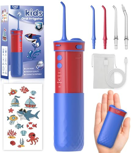 JTF Portable Water Flosser for Kids: 4 Gentle Modes for Ages 6+, Safe & Effective for Sensitive Teeth, Braces - with DIY Stickers, 4 Nozzles, Travel Bag, Mini Compact Oral Irrigator for Home & School