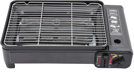 Barbecue de camping portable - Plaque de cuisson à gaz avec filet de cuisson et mallette de rangement - Petites cartouches de gaz - Réchaud à gaz