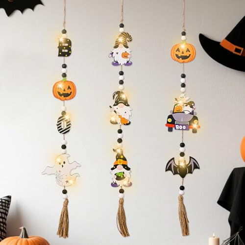 Halloweendekoration, 3 stycken trähängande dekoration, fönsterdekoration, halloween, hängande skylt med fladdermus, pumpa, spöke, ytterdörr, dekoration med LED-ljus, höstdekoration för halloween