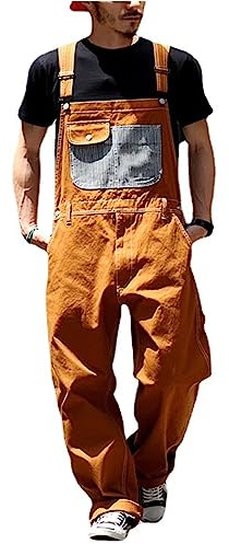 2026 - Peto de mezclilla para hombre, ajuste relajado, ropa de trabajo con tirantes ajustables, prácticos bolsillos para herramientas, mono de manga corta, naranja, L