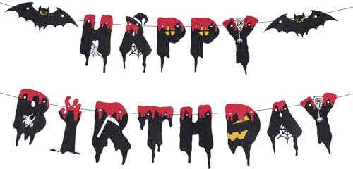 Fukaisu Halloween Happy Birthday Banner, Pre-Strung Black & Red Glitter Party Decorations Goth Bat Spider Web Hanging Garland for Halloween Spooky Theme Birthday Baby Shower Supplies
