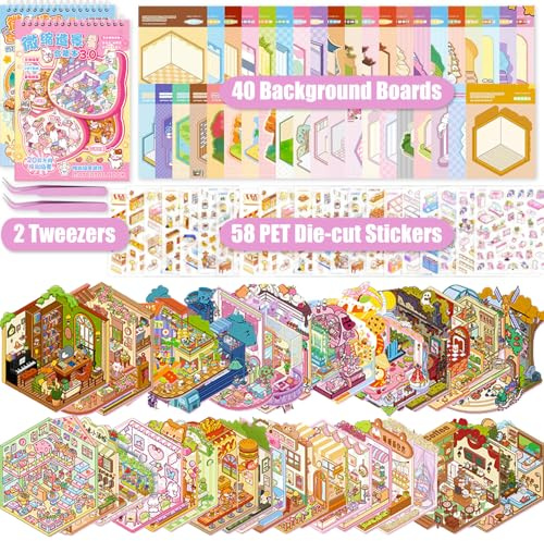 40 Sets DIY 3D House Stickers Scene Kit, Sticker Therapy, Stress Relief Creative Scene Reusable Sticker Book with 58 PET Stickers, 40 Miniature Cabins, 2 Tweezer, Gift for Adults Kids Girls Boys Teens