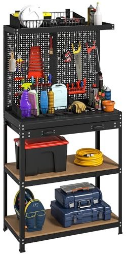 HOMCOM Werkbank 80 x 40,5 x 155 cm Werkzeugbank mit Lochwand, Haken, Schublade, 2 Ablagen, Arbeitstisch 240 kg Tragkraft Werktisch aus Metall, für Werkstatt Schwarz