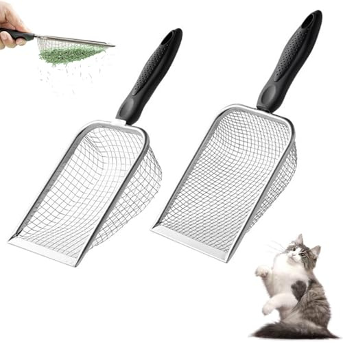 QiMan Kattlåda, spade, metall, 2 stycken kattströspade av rostfritt stål, plast, halkfritt handtag, spade kattlåda, stabil med nät, kattspade för kattlåda (3,8/5 mm mask)