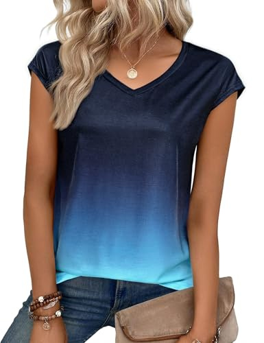 Aottori Maglietta Donna Scollo a V Maniche a Pipistrello Sfumata T-Shirt Estiva Oversize Top Elegante Moda Tee Shirt Basic Semplice Blu Scuro M