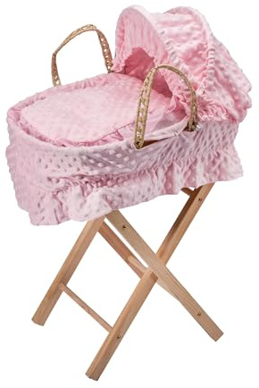 Dolls Moses Basket With Stand – Dimple Bedding, for Kids & Toddlers (Pink)