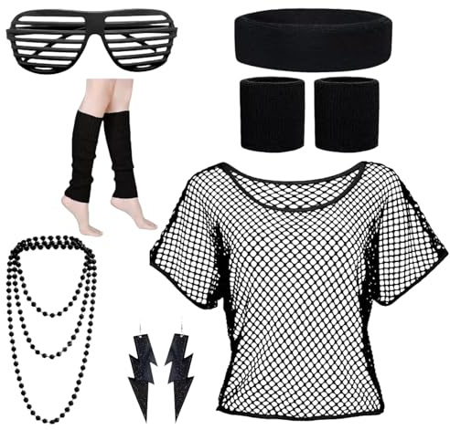 GWAWG 90-tals outfit dam | Nättopp rosa | Flashdance partyset med nättröja, benvärmare, halsband | retrokostym för 80-/90-tals temafester, svart, Einheitsgröße