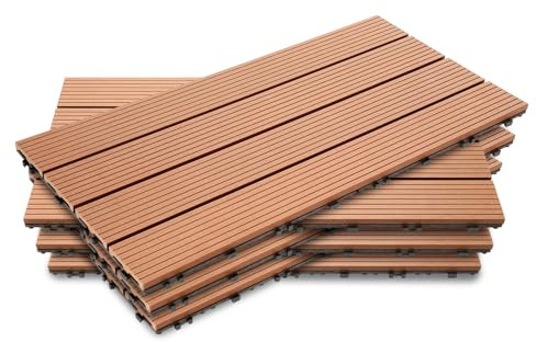 Jaxguom 12 stycken WPC terrassplattor, 30 x 60 cm WPC-plattor, trädgårdskakel med klicksystem, terrassbrädor, balkongplattor, klickplattor, terrassbrädor, vattentäta för terrass, för 2 m² brun