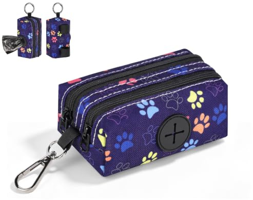 1 Distributeur Sac a Crottes Chien Porte Sac a Caca pour Chien en Canvas Sac Dejection Canine avec 2 Poches Support de Sac Crottes Chiens Accessoires pour Marche Randonnée Promenade(Griffe-Navy)