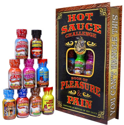 KICKIN' Hot Sauce Challenge Book Of Pleasure & Pain - Set de regalo de 12 botellas de 0,75 onzas - Perfect Premium Gourmet Hot Sauce Set de regalo - ¡Pruébalo si te atreves!