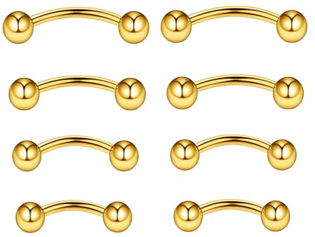 NewkeepsR Titan 4 Paare -1,2mm Gold Gebogener Kurven-Barbell Bananenbar, Rook-Brücke, Helix Augenbrauenringe, Vertikaler Labret-Piercingschmuck in 6mm/8mm/10mm/12mm