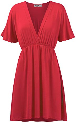 LL WDR 1338 Womens Short Sleeve Kimono Style Deep V-Neck Casual Summer Dress S-3XL Plus Size XXXL RED