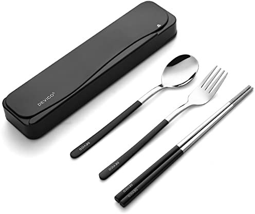 DEVICO Travel Cutlery Set, Camping Cutlery Set for 1, Portable 18/8 Stainless Steel Camping Utensils Include Fork Spoon Chopsticks (Black)