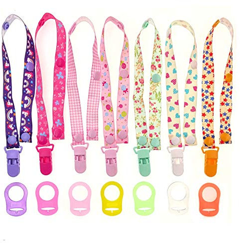 JZK 7 x Mehrfarbig Baby Silikonknopfring für Mädchen + 7 x Schnullerband Baby für Mädchen, Passend für Baby MAM Schnuller