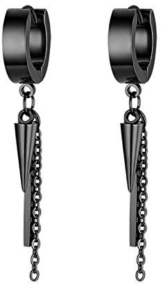 JewelryWe Schmuck Herren Ohrringe Creolen mit Ahle Taper Spitze, Kette und Quader Anhänger Edelstahl Ohr Manschette Ohrstecker Ohrhänger Ohrpiercings für Männer Frauen Schwarz