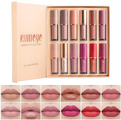 KIMIEYE 12Pcs Velvet Matte Liquid Lipstick Set, Waterproof Long Lasting Quick-drying Non-Stick Cup Nude Lip Stain Kit, Up to 24H Wear, Professional Lip Makeup Gift Kit for Women (SET A)