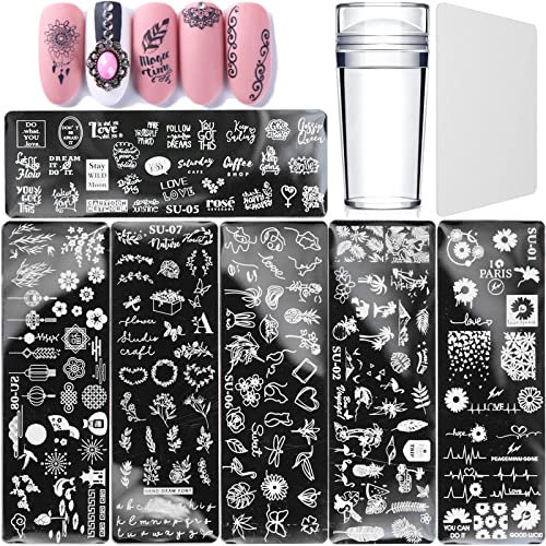 Luvadeyo Pack of 6 Nail Stamping Plates, Nail Stamping Stencils, Nail Art Plates,with 1 Transparent Stamp, 1 Piece Scraper, Nail Art Tool for Women Girls