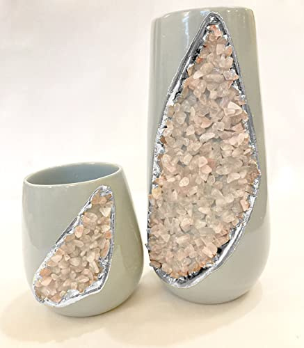 Grey and Gold Ceramic Vase/Planter/Pot/Wine Goblet/Mug with Rose Quartz Semi - Precious Agate Crystal Gemstones |Small(Height 4 inch), (Silver - Finish)