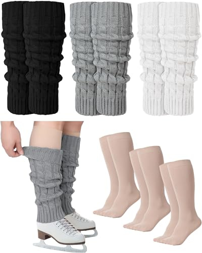 Chuarry 6 Pairs Skating Leg Warmer Sets for Women Girls Knit Long Leg Warmers Socks Calf Socks Set for Ice Figure Skating(Black White Gray Nude,Classic Style)