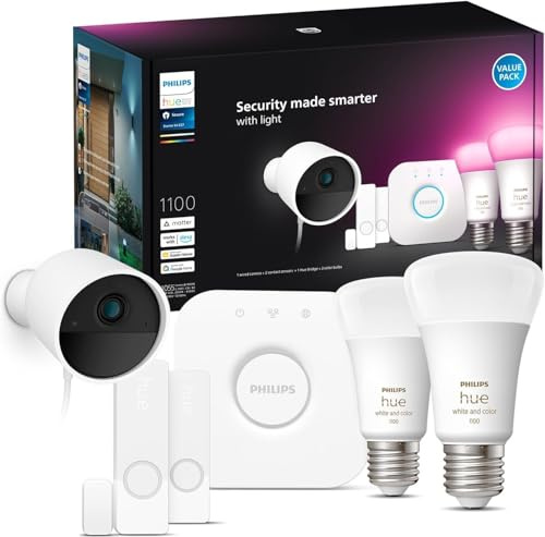 Philips Hue Secure Starter-Set, Hue Secure kabelgebundene Kamera, Hue Kontaktsensoren, Hue E27 White & Color Amb. Lampen, Hue Bridge, Zwei-Wege-Gespräch, per Hue App steuerbar, weiß