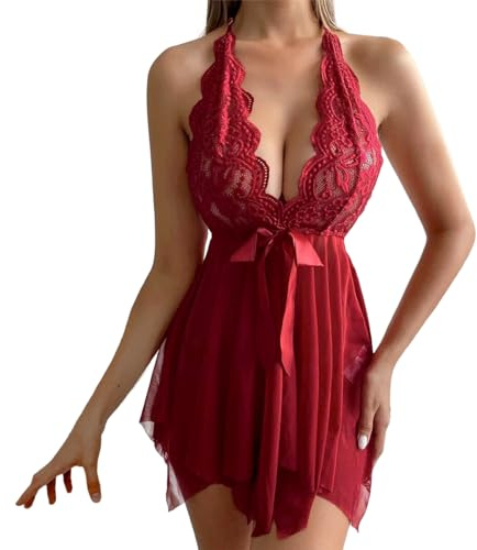 Satohom Camicie da Notte 2 Pezzi Donna Sexy Scollo a V Halter Sottoveste Babydoll in Pizzo, Trasparente Abito Chemise Sleepwear G-String Pigiama Set Confortevole Stile Teddy Intima da Notte