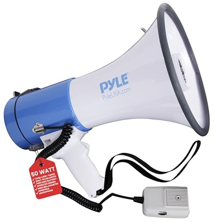 Pyle Portable Megaphone Bullhorn Speaker 50W Power - 1200 Yard Range, Built-in Siren, Adjustable Volume Control & Microphone, Perfect for Outdoor Sports, Cheerleading, Safety Drills, Events