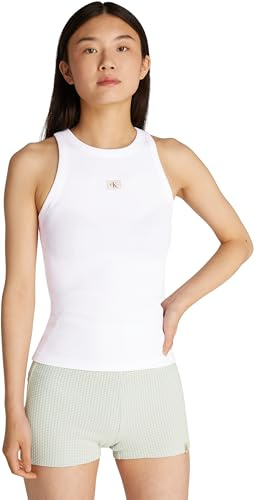 Calvin Klein Camiseta de Tirantes Mujer Woven Label Rib Slim Fit, Blanco (Brilliant White), L